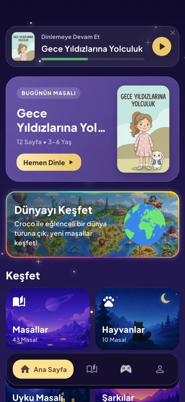 Croco Story uygulamasının ana sayfa ekranı