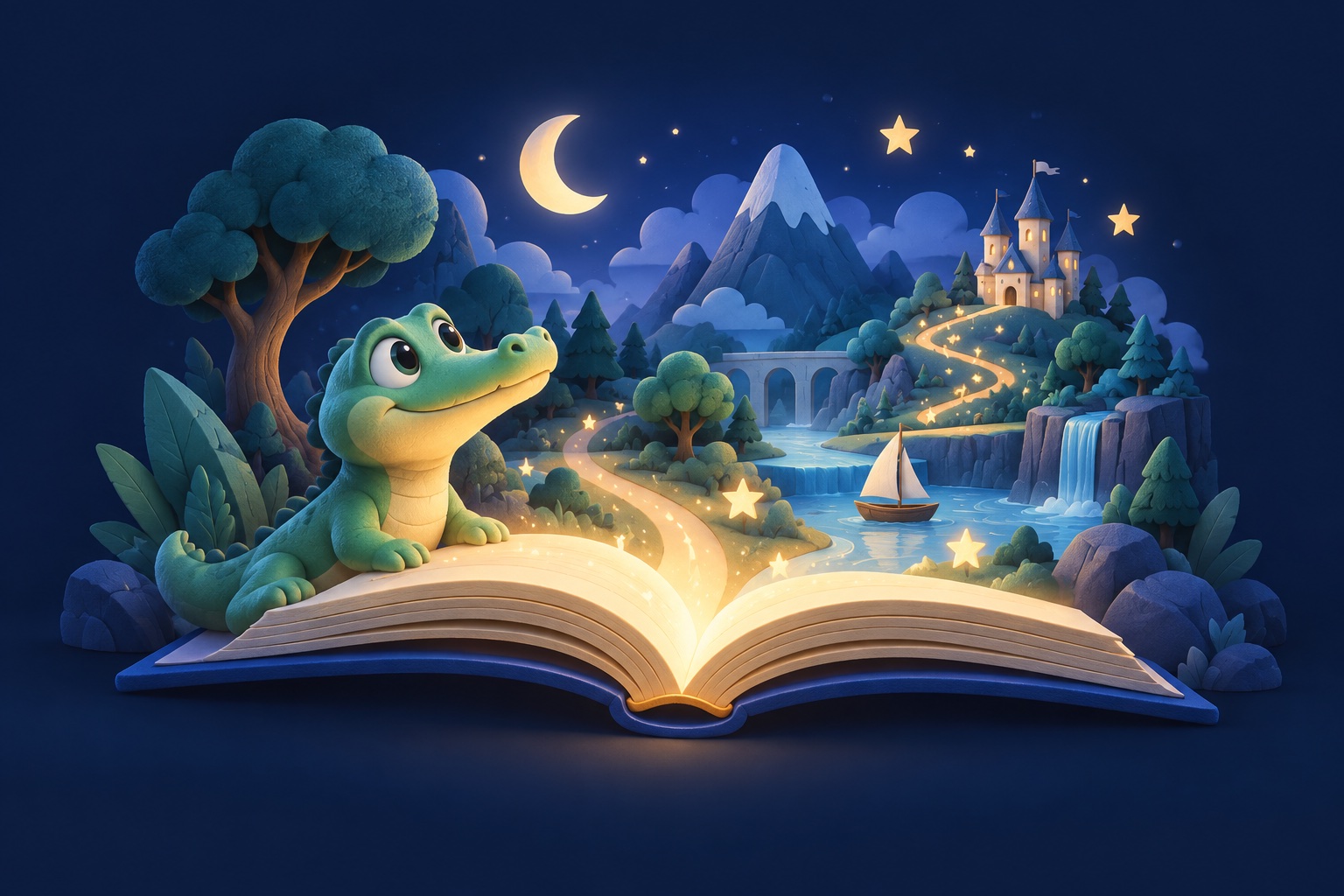 A friendly crocodile exploring a magical world emerging from a storybook