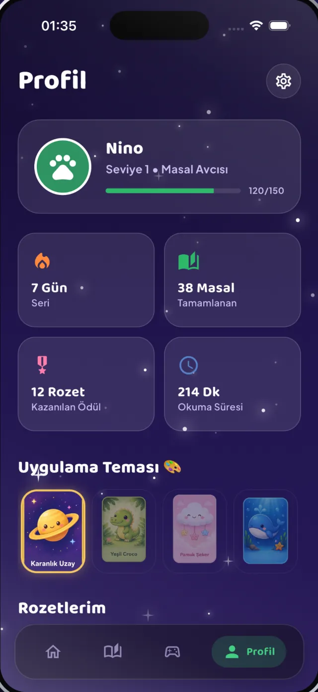 Croco Story profil ekranı: rozetler, seri, tamamlanan masallar ve okuma süresi
